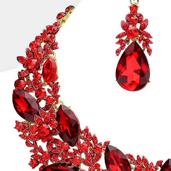 Red Crystal Teardrop Cluster Marquise Stone Evening Statement Necklace Set - Picture 4 of 5